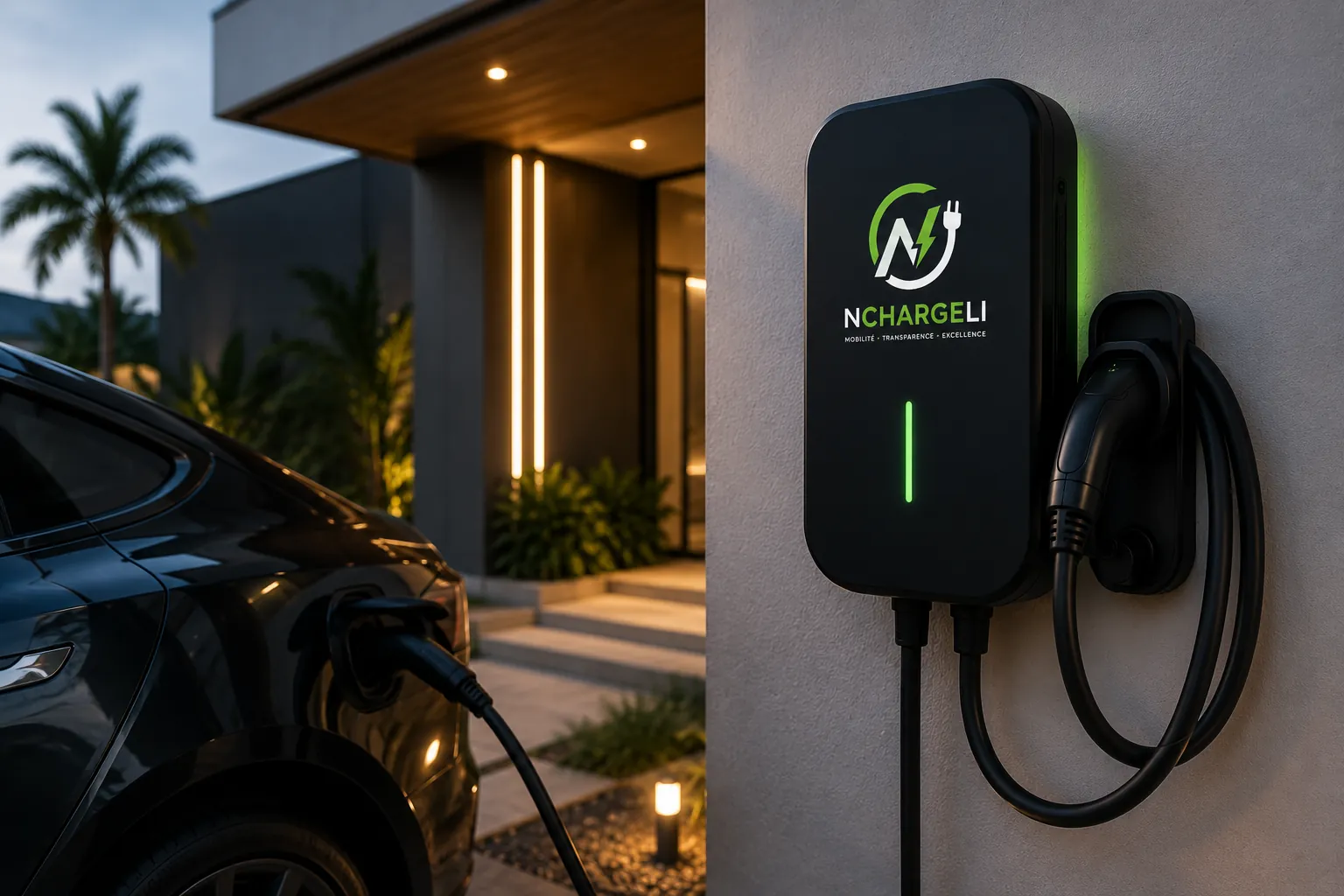 Borne de recharge NCHARGELI installée devant une villa au Maroc rechargeant un véhicule électrique